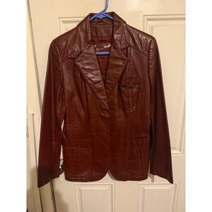 Etienne Aigner Burgundy Leather Blazer Jacket Women's Single Button Classic‎ Fit